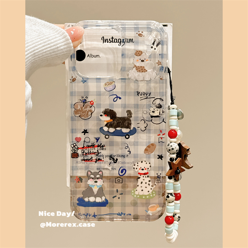 MoreRex趣味可爱格纹小狗涂鸦适用苹果17手机壳iphone16promax新款15pro带链条14防摔保护套13双层17女款韩风
