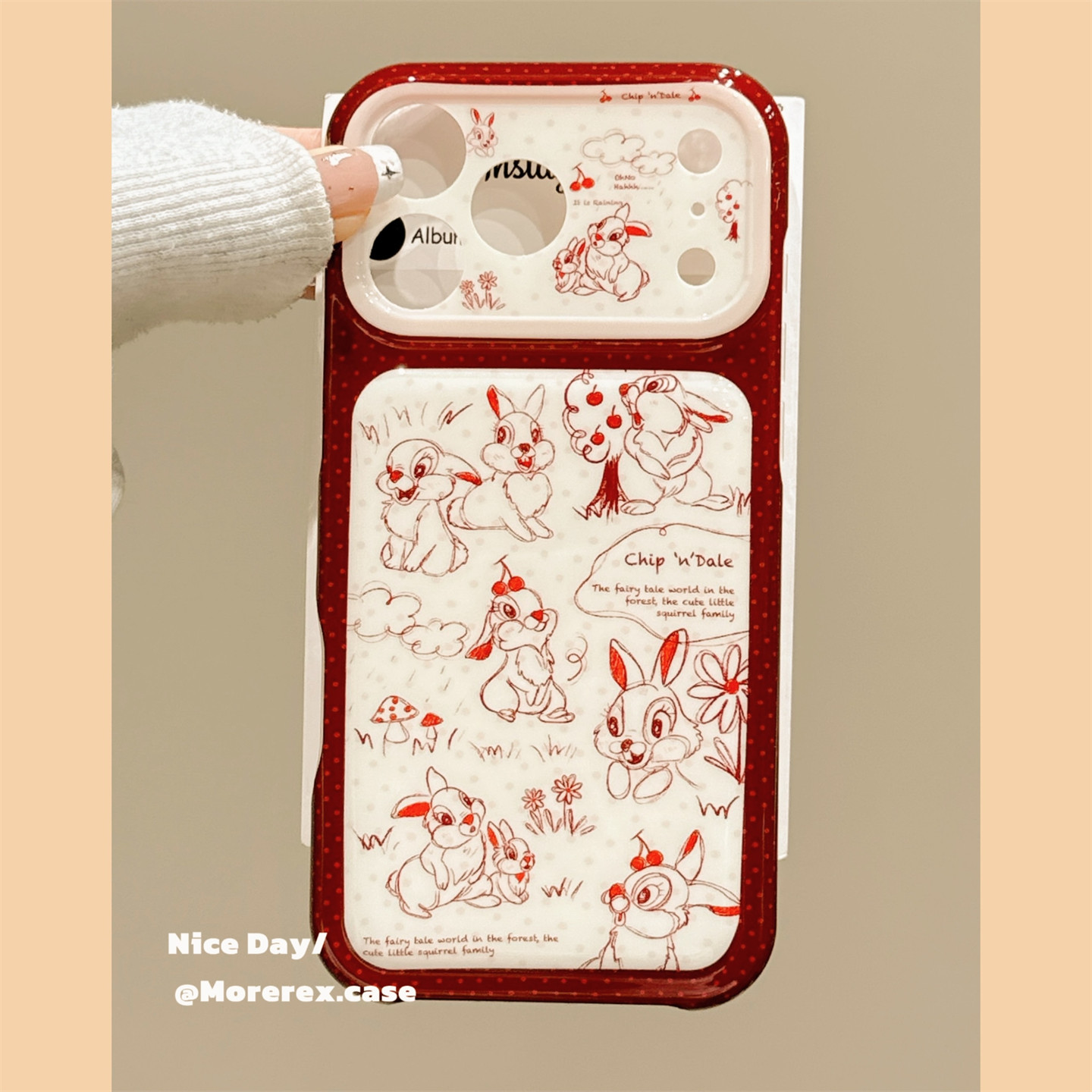 MoreRex酒红线条手绘小兔子卡通适用苹果18手机壳iphone17promax新款18pro创意15全包防摔保护套14女16超好看