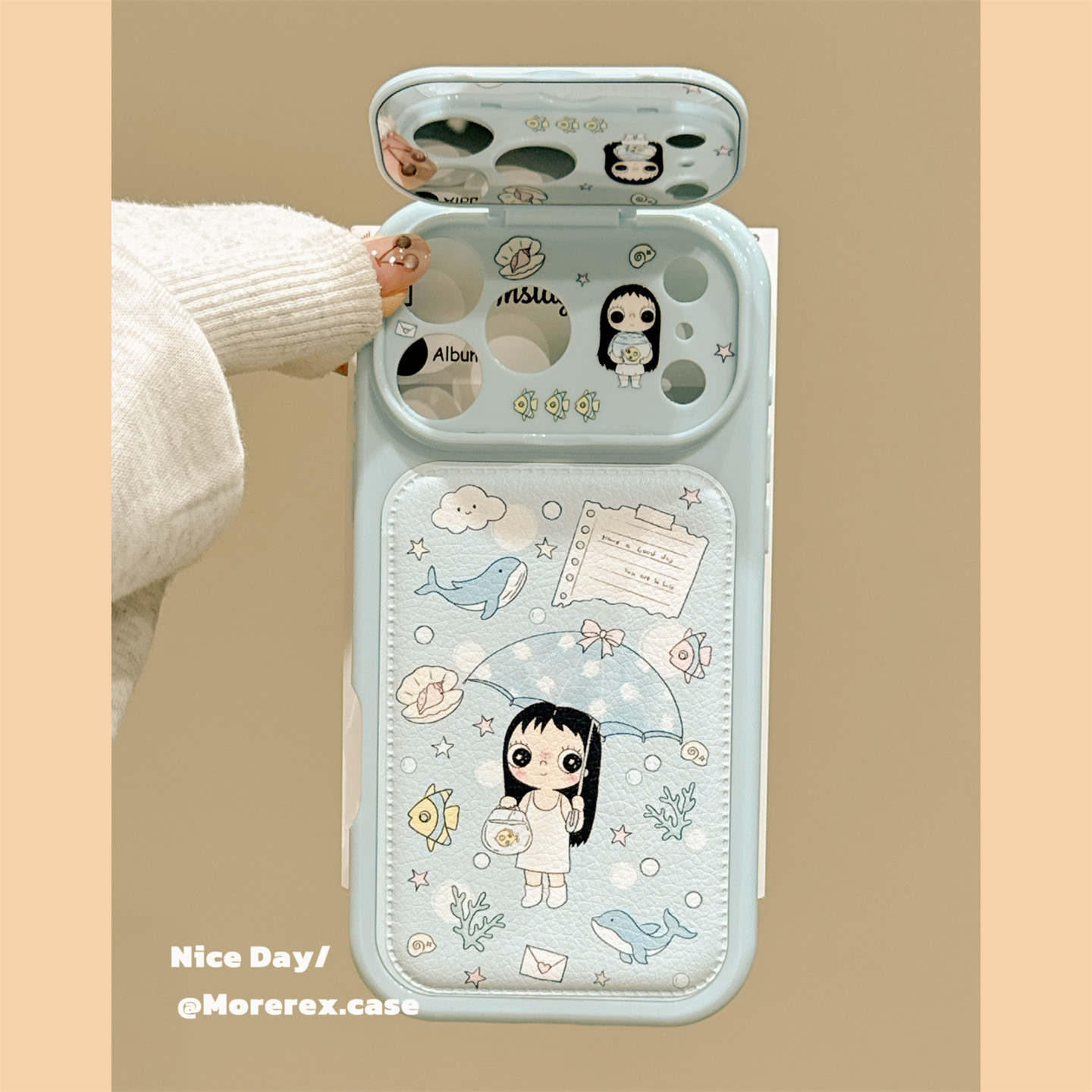 MoreRex 日韩ins海底雨伞小玉补妆镜适用苹果18手机壳仿皮iphone17promax新款18pro全包15防摔保护套14女款16