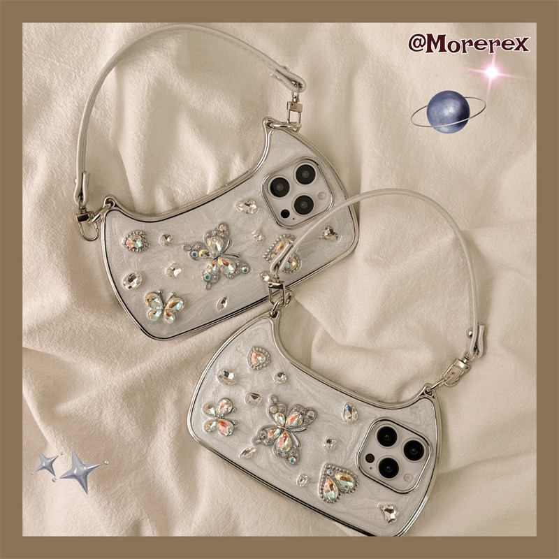 滴胶蝴蝶爱心闪钻手提包适用苹果16手机壳iPhone16promax新款15Pro全包硅胶15小众14防摔套14Pro苹果13高级12
