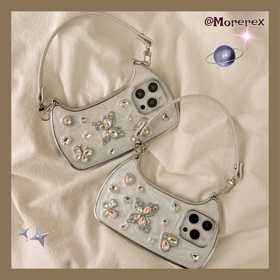 滴胶蝴蝶爱心闪钻手提包适用苹果16手机壳iPhone16promax新款15Pro全包硅胶15小众14防摔套14Pro苹果13高级12