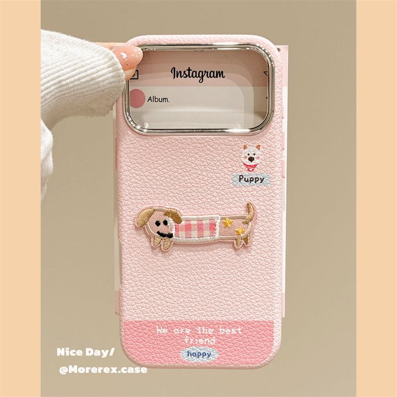 MoreRex纯色荔枝纹腊肠狗刺绣适用苹果17手机壳iphone16promax新款15pro可爱14防摔保护套13秋冬17女款超好看