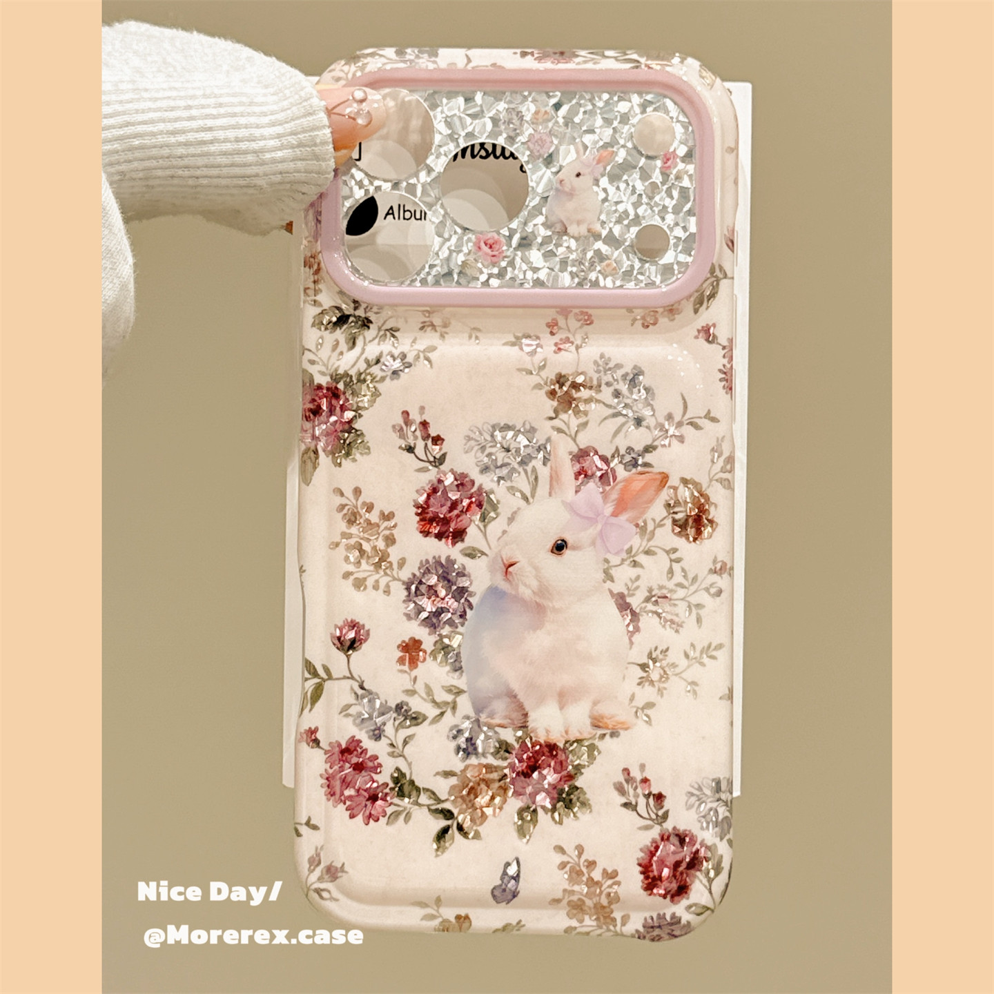 MoreRex 唯美ins镭射花卉兔子适用苹果18手机壳高级感iphone17promax新款18pro全包15防摔保护套14女款16韩系