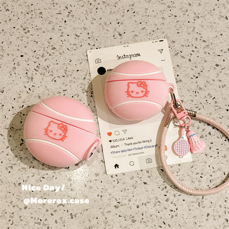 MoreRex 可爱植绒网球KT猫带挂绳适用苹果AirPods4保护壳airpods1/2/3蓝牙无线耳机套airpodspro二三四代新款