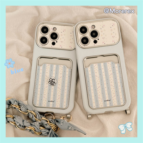 韩系蓝色山茶花卡包适用苹果16手机壳iPhone16promax新款15Pro全包硅胶15小众14防摔套14Pro苹果13编织挂绳12