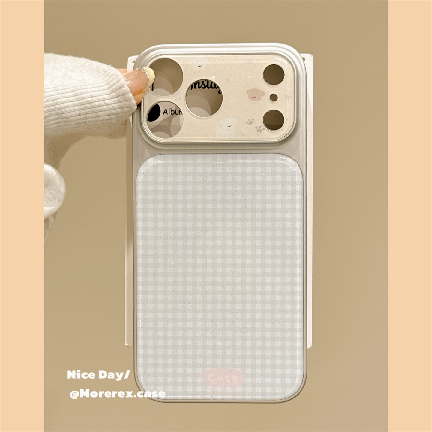 MoreRex 韩风ins简约细闪蓝格纹狗狗大视窗适用苹果17手机壳iphone16promax新款17pro全包14防摔保护套13女15