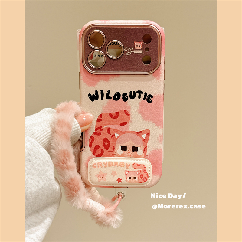 MoreRex可爱粉色小猫哭娃卡通折叠支架适用苹果17手机壳iphone16promax新款15pro带挂绳14防摔保护套13女款17