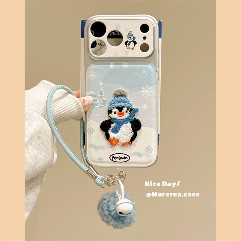 MoreRex冬日可爱雪花企鹅刺绣带挂绳适用苹果17手机壳iphone16promax新款15pro仿皮14防摔保护套13全包17女款