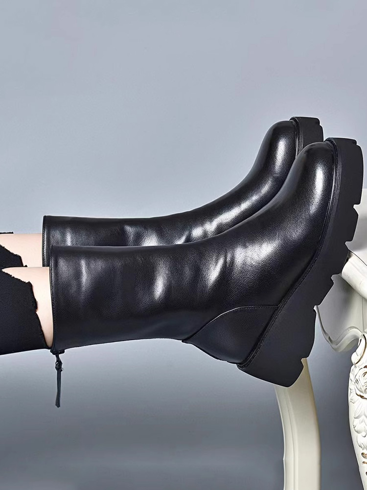 真皮牛皮防滑厚底中筒马丁靴女秋冬季新款加绒坡跟短靴松糕底靴子