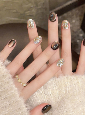 琥珀猫眼纯手工穿戴甲2026新年款黑色高级感美甲秋冬短款指甲贴片