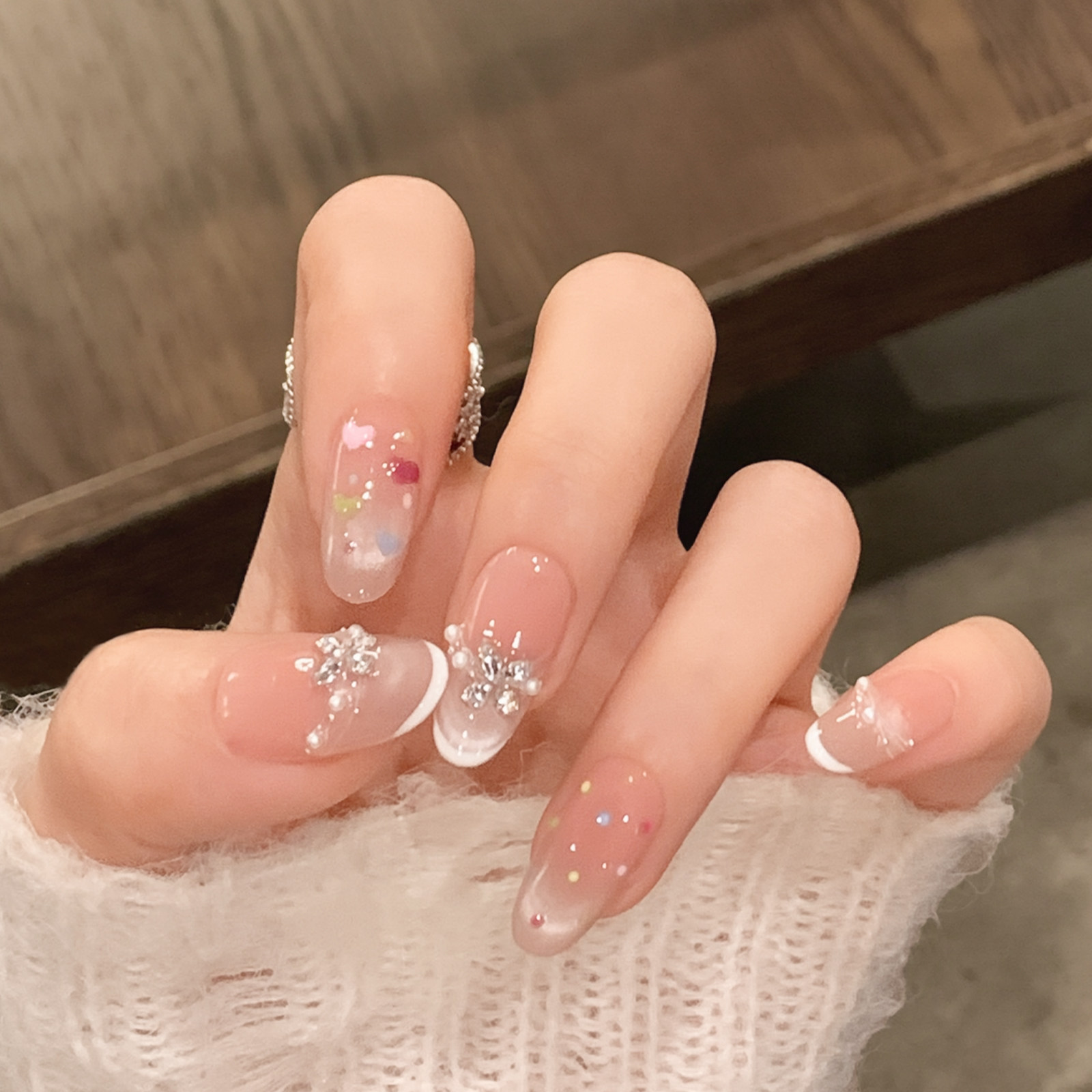 彩色波点猫眼手工穿戴甲中长款高级感法式婚纱照美甲贴片假指甲片