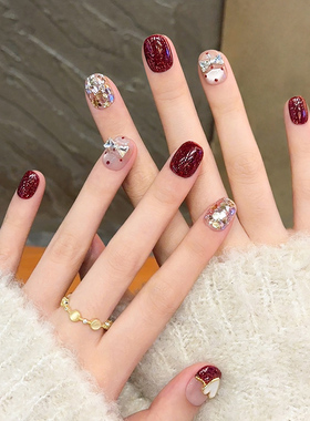 爱心蝴蝶结手工穿戴甲秋冬高级感红色猫眼美甲2026新年款指甲贴片