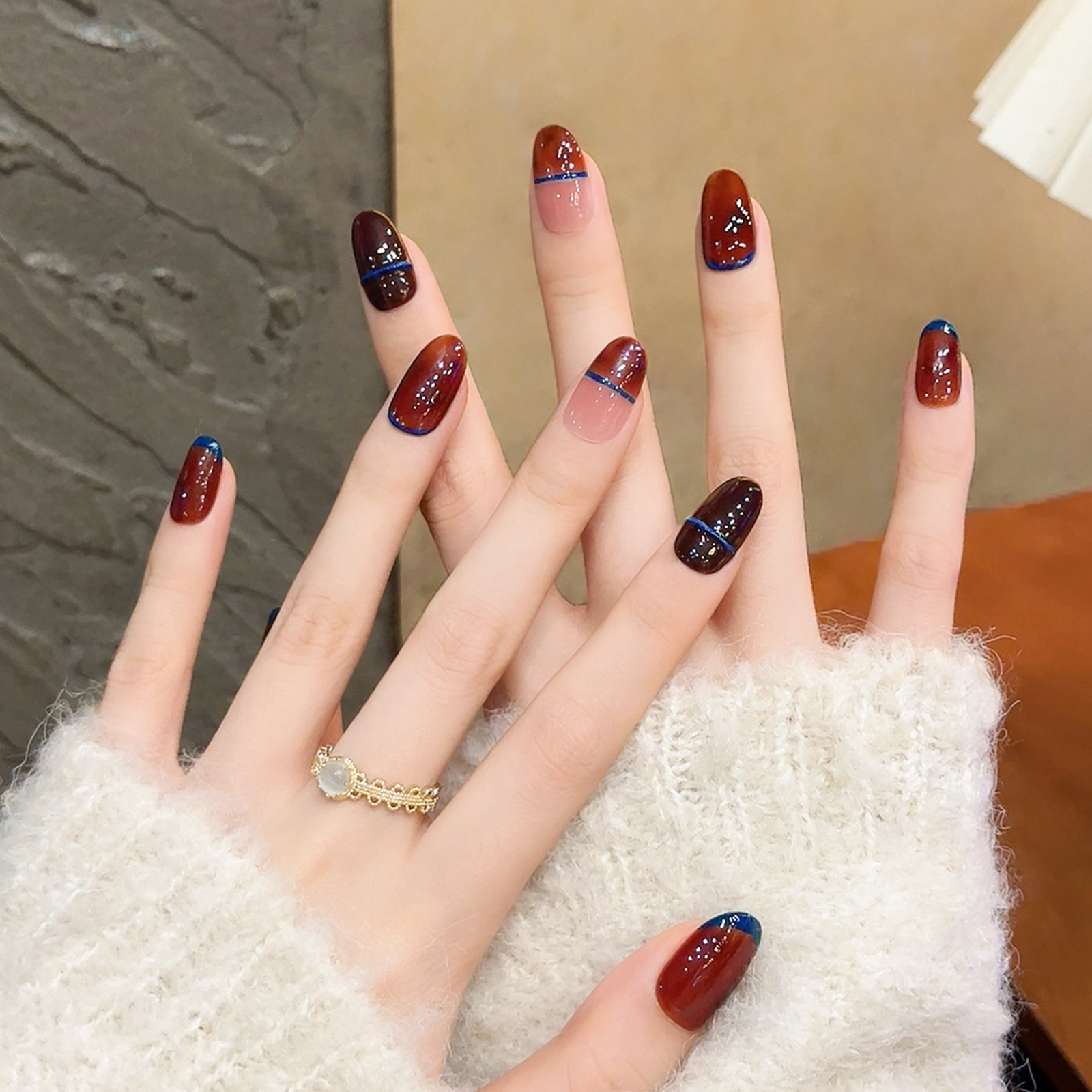 法式中长款纯手工穿戴甲秋冬美甲