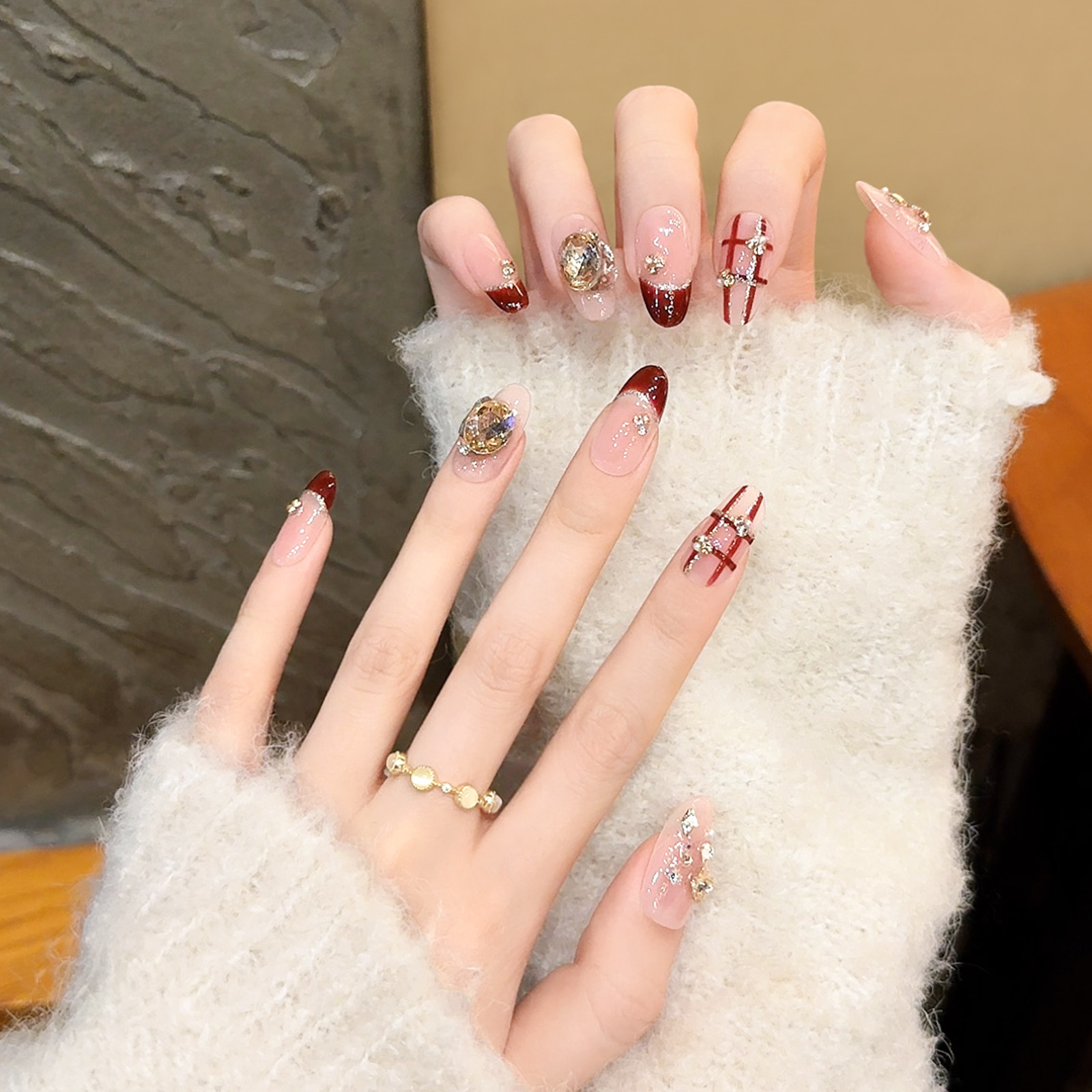 闪钻法式中长款穿戴甲手工美甲