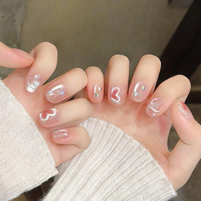 爱心猫眼裸色穿戴甲手工短款美甲