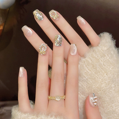 圣诞节纯手工穿戴甲猫眼短款美甲