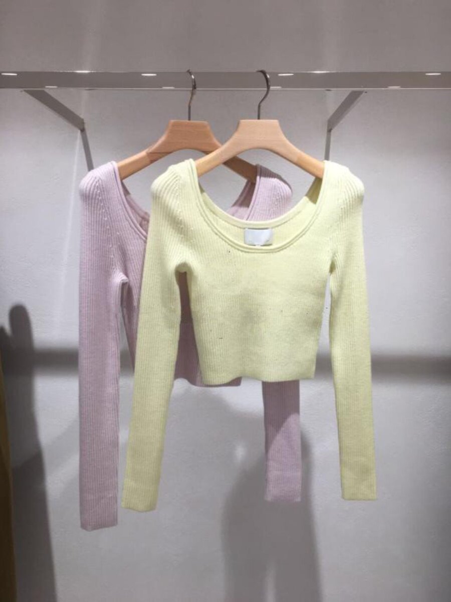 EUROPEAN STATION WOOL KNITWEAR WOMENS EARLY SPRING NEW STRAIGHT NECK OFF-THE-SHOULDER SLIM PULLOVER SHORT LONG-SLEEVED BASE TOP