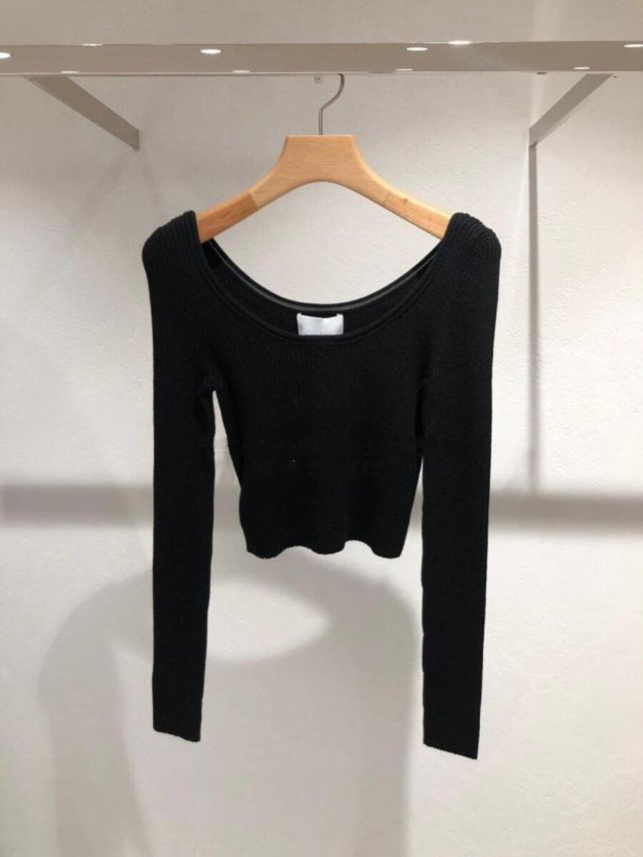EUROPEAN STATION WOOL KNITWEAR WOMENS EARLY SPRING NEW STRAIGHT NECK OFF-THE-SHOULDER SLIM PULLOVER SHORT LONG-SLEEVED BASE TOP