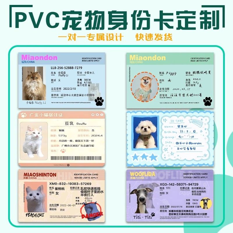 PVC宠物身份卡定制DIY卡通创意防水id卡片猫咪狗狗自印名片卡定做