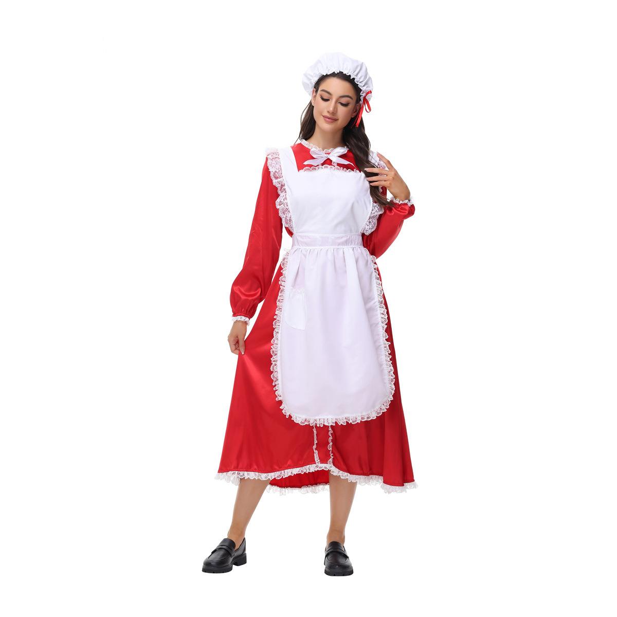 万圣节圣诞节COS女仆圣诞红色长裙女仆装 红色可爱圣诞裙COSPLAY