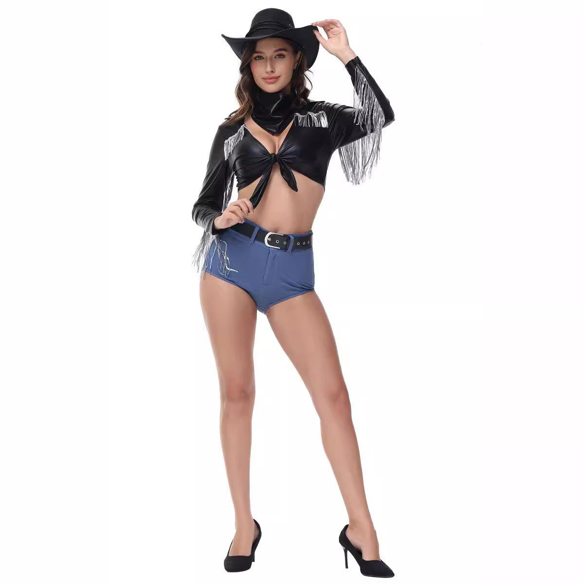 牛仔女夜店ds舞台服黑色漆皮性感分体欧美DJ女歌手套装酒吧表演舞