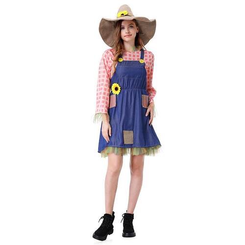 万圣节儿童服装假两件女童格子连衣裙 含花朵带补丁稻草木偶人cos
