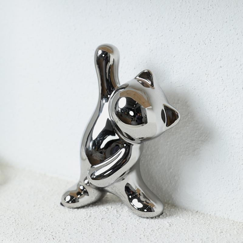银色陶瓷猫咪小摆件客厅电视柜样板房酒柜家居玄关桌面软装饰品