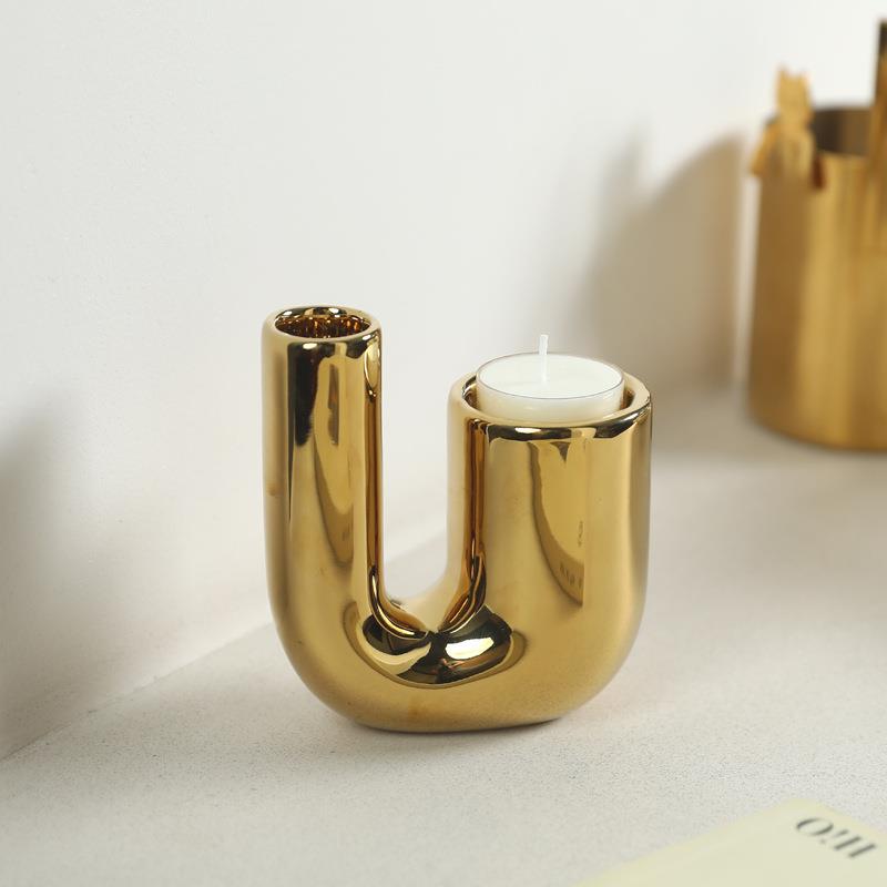 现代简约金色陶瓷烛台摆件ins风家居创意蜡烛台座餐桌软装饰品