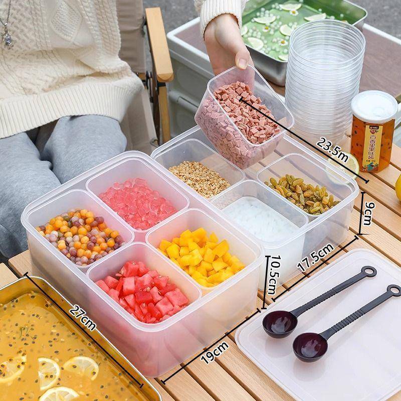 冰粉盒子塑料带盖摆摊配料调料盒子食品透明调味盒商用分格收纳盒