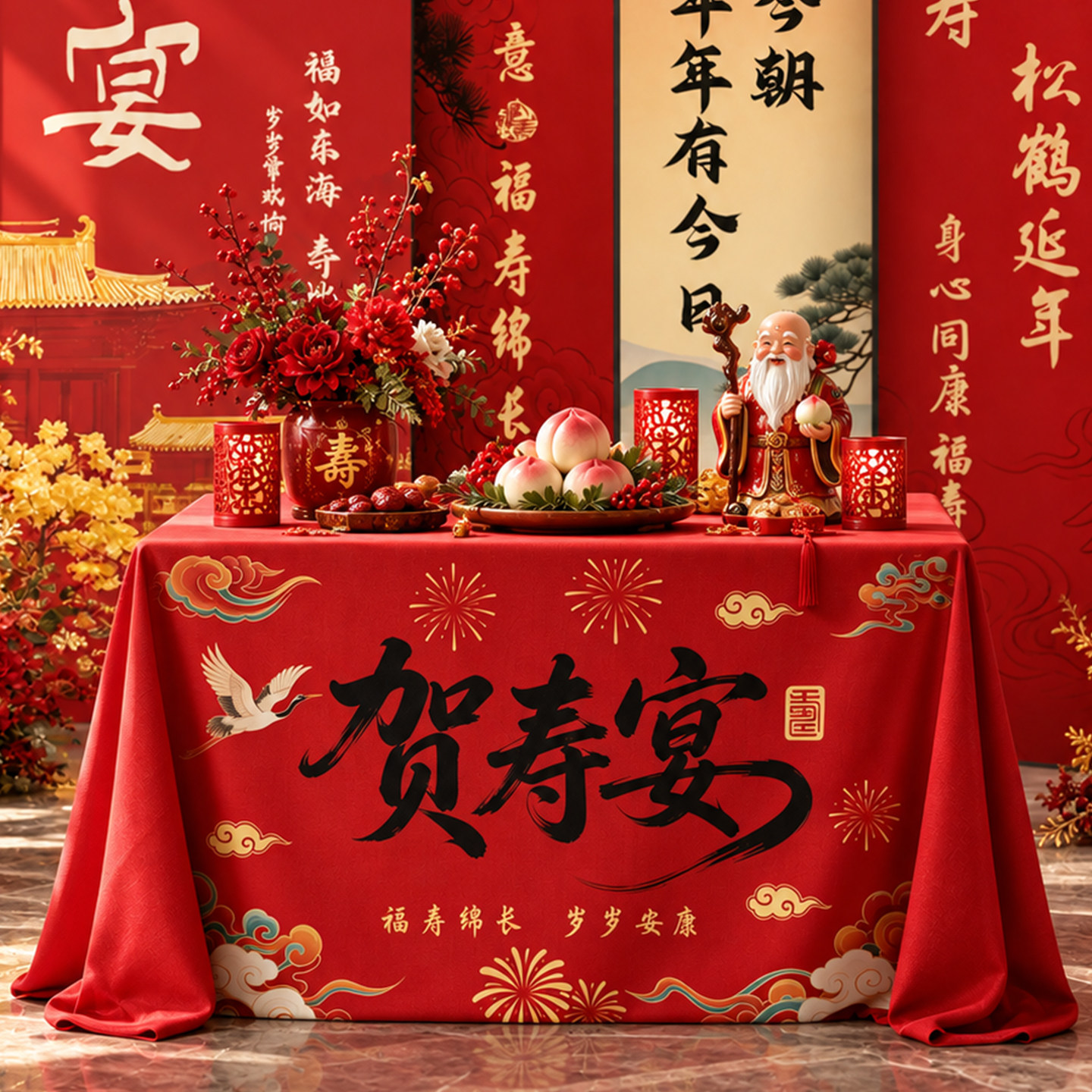 老人80寿宴场景布置酒店过寿长辈生日寿字中式国风桌布氛围感装饰