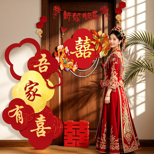 婚房喜字贴kt板装饰娘家闺房门上