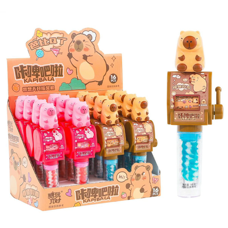 咔啤吧啦可爱水豚造型拉杆摇奖机水果味棒棒糖儿童玩具糖果批发