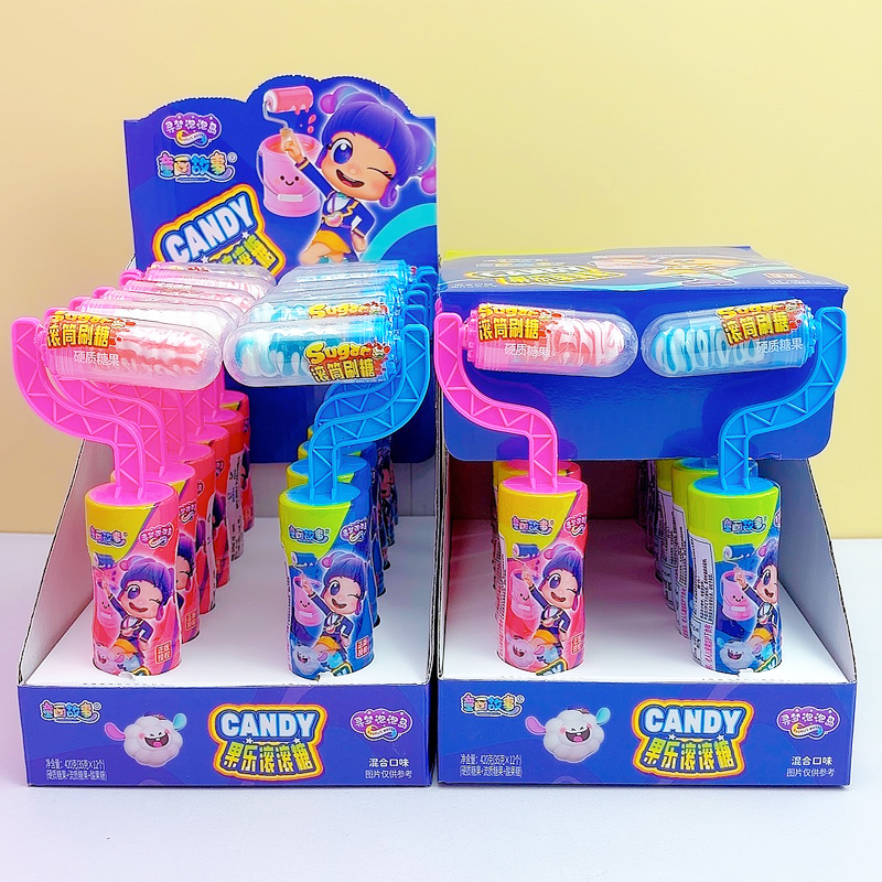 滚筒刷糖果果乐滚滚糖草莓味蓝莓味棒棒糖水果味酸粉流质糖果批发