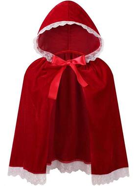 欧美新款小红帽斗篷男女通用儿童万圣节圣诞节红色花边兜帽短斗篷