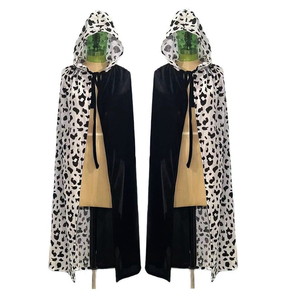 万圣节斗篷角色扮演吸血鬼豹纹拼接色中长款披肩连帽系带丝绒披风