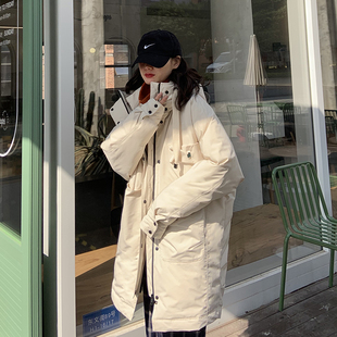 秋冬季 白鸭羽绒服女中长款 战术工装 宽松派克服连帽外套 清仓