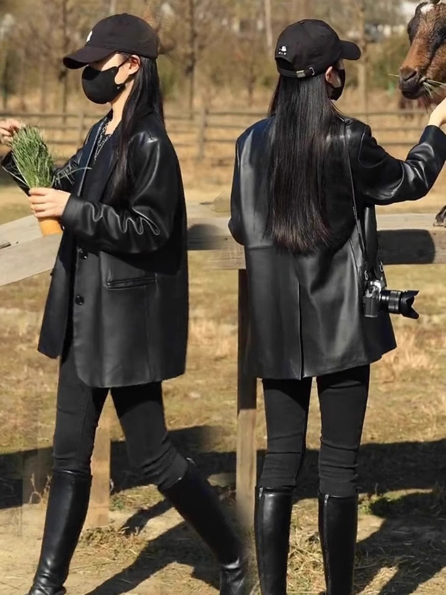 2023秋新款休闲皮衣外套女士韩版机车服宽松时尚黑色小西装pu夹克