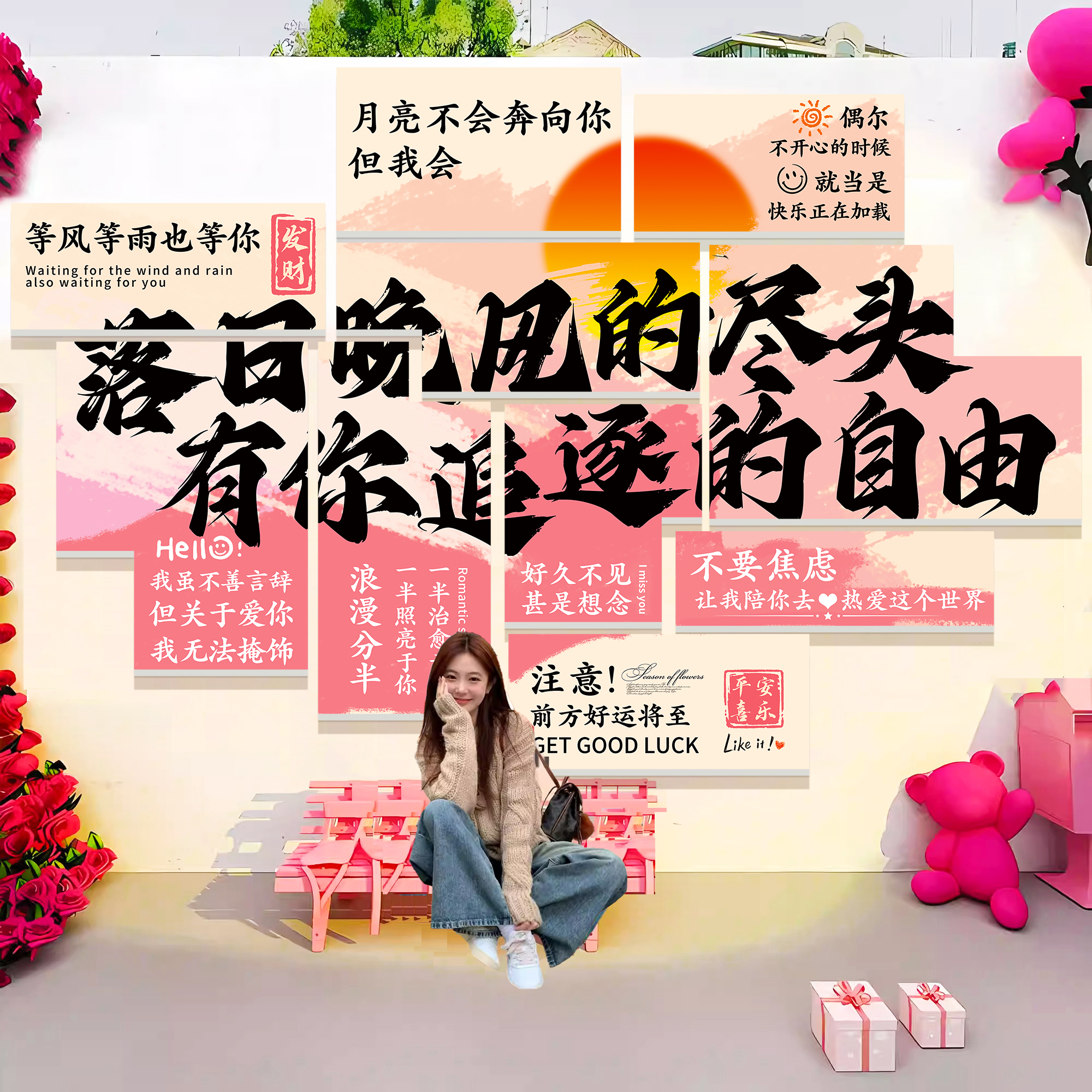 2026网红打卡墙拍照区布置造景户外室内餐饮店装饰形象背景墙贴纸