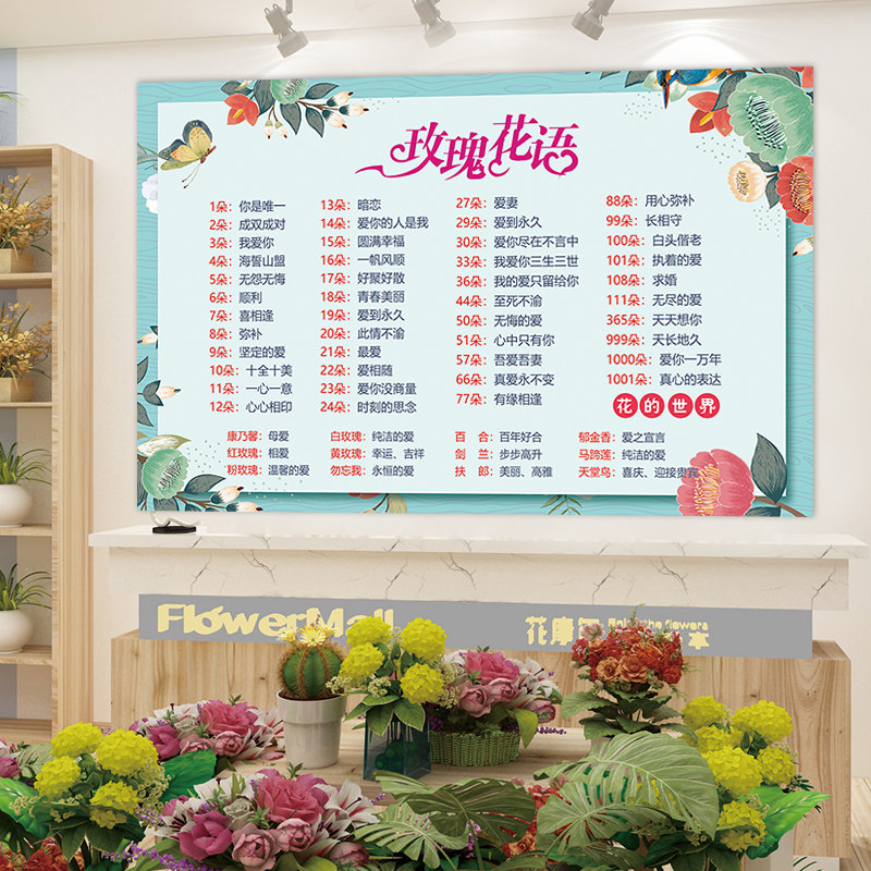 鲜花店玫瑰花语海报情人节花坊花寓意挂图花意对应表广告墙贴纸