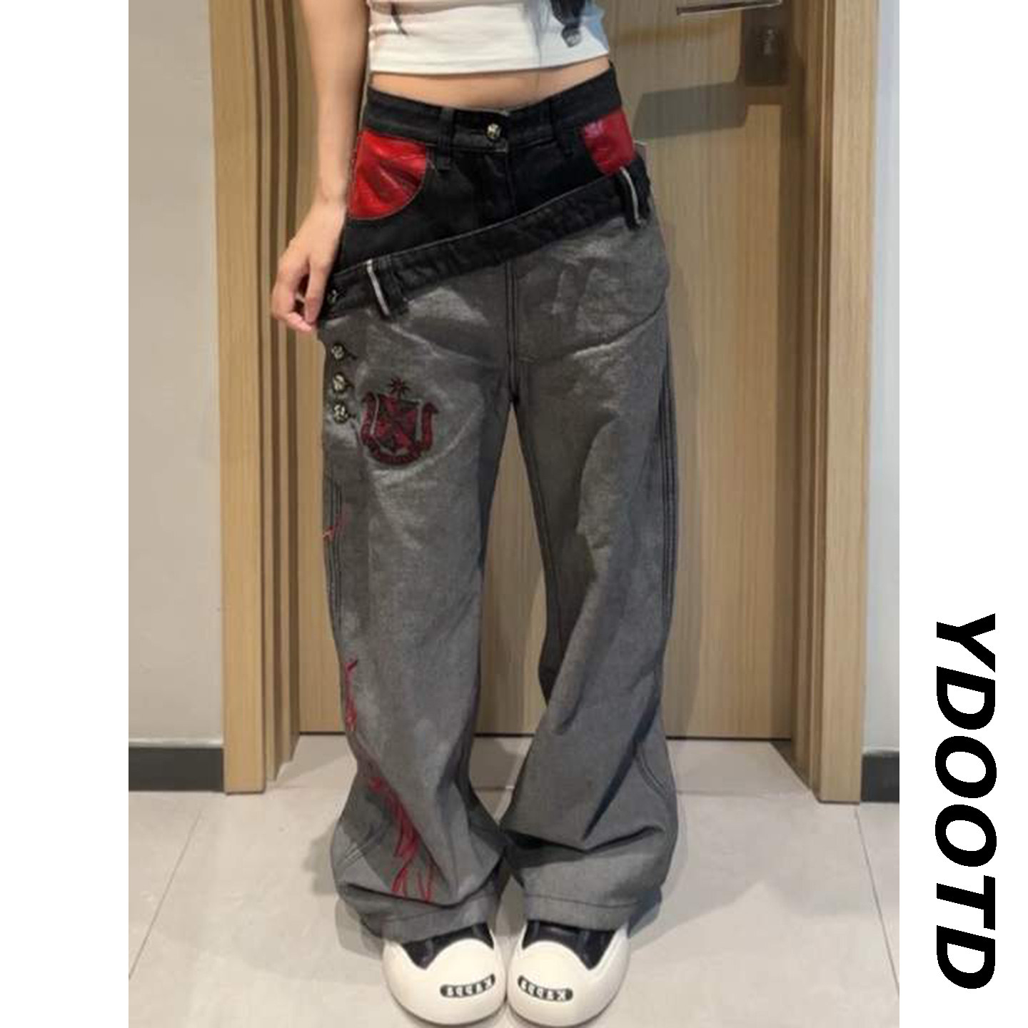 美式高街双腰斜面拼接刺绣牛仔裤男女复古水洗裤子宽松微喇阔腿裤