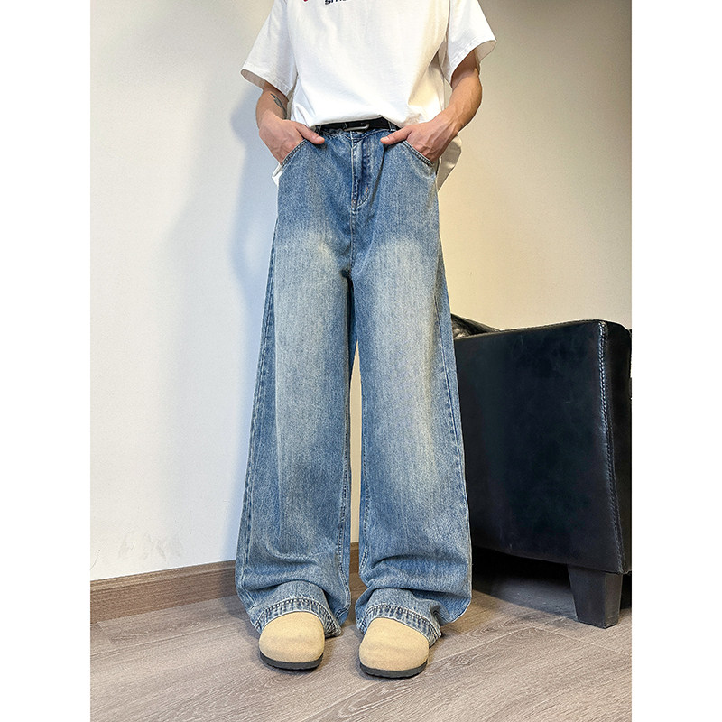 유럽과 미국의 힙합 스트리트 스타일 아메리칸 워싱 디스트레스드 청바지 틈새 디자인 루즈한 와이드 레그 팬츠 바닥 걸레 바지 트렌디