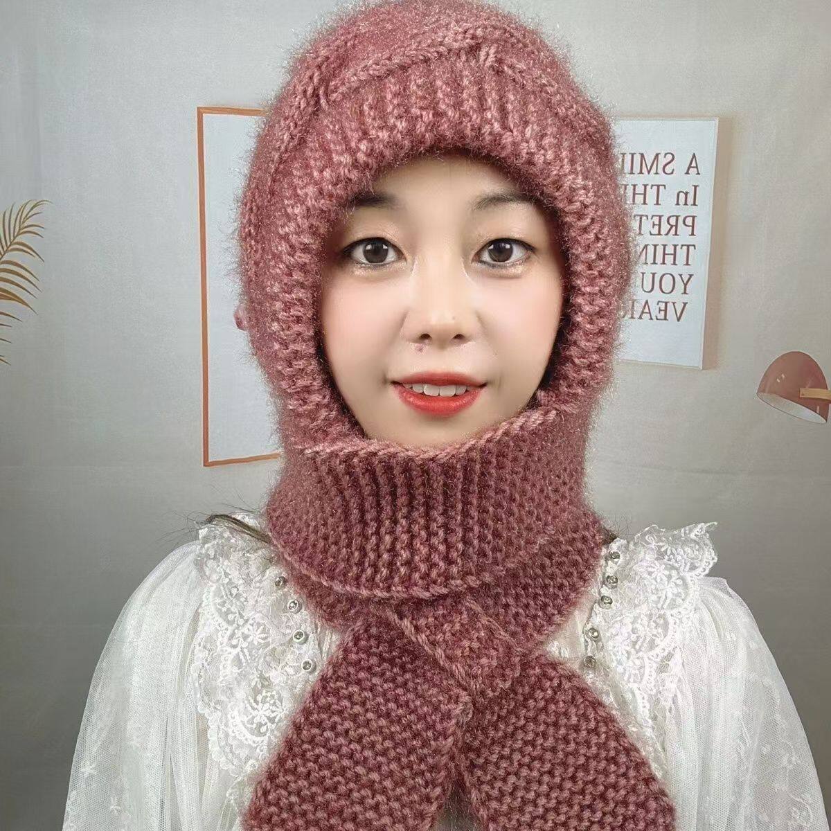 新款不加绒毛线针织保暖防风帽