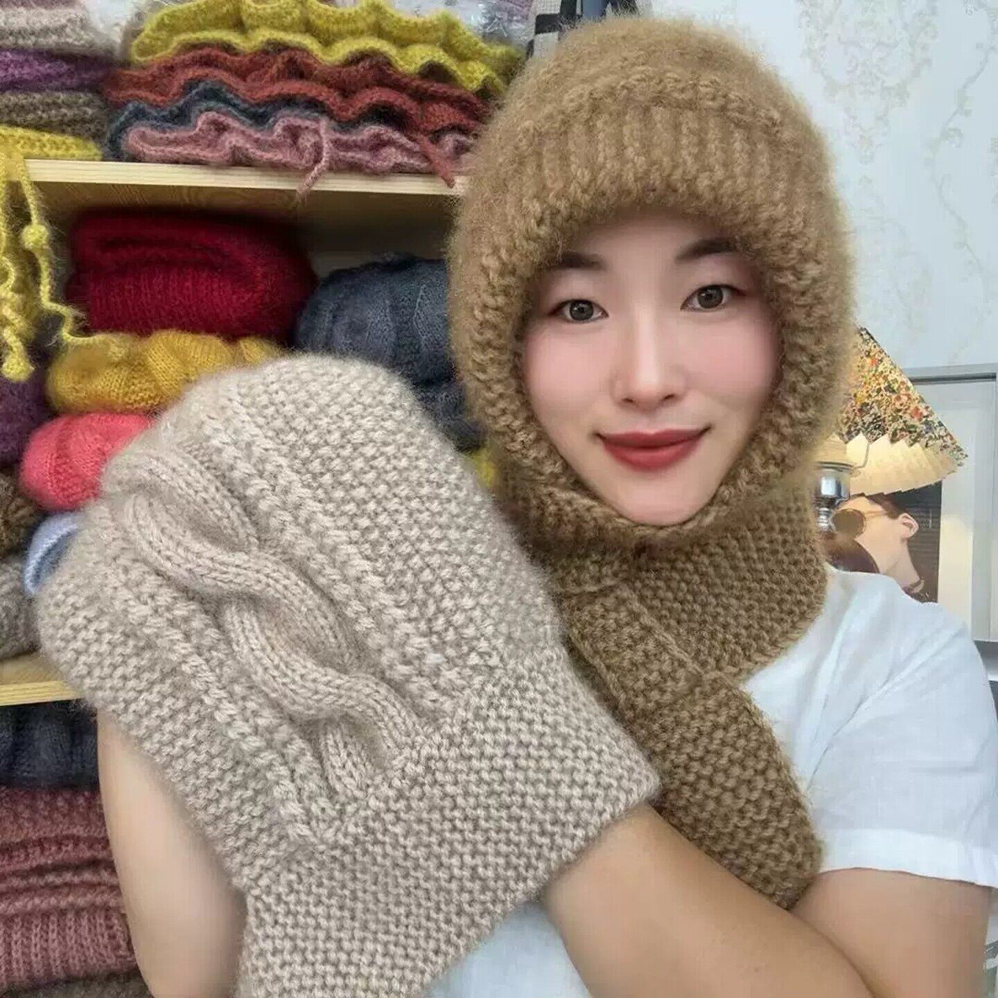 纯手工桂花针新款围巾一体风雪帽