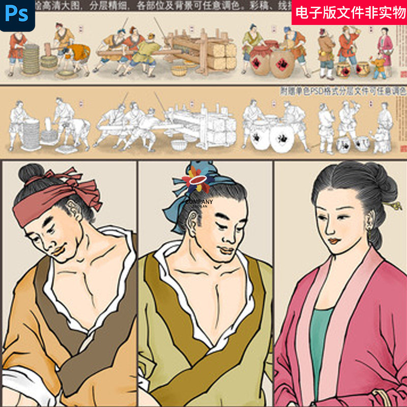 传统木榨油工艺流程图之二插画插图流程加工图榨油厂壁画素材模板