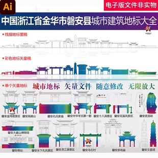 磐安地标线稿磐安城市宣传中国浙江省金华市磐安县城市建筑地标图