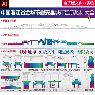 磐安地标线稿磐安城市宣传中国浙江省金华市磐安县城市建筑地标图