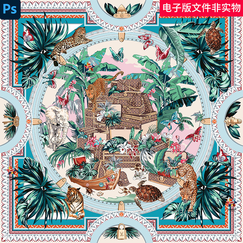 方巾大牌马车铁链链子链锁线条面料印花丝巾数码印花流行图案素材