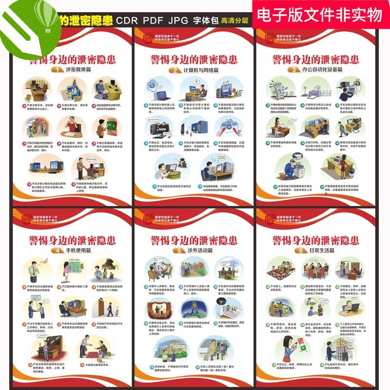 警惕身边的泄密隐患失泄密案保密宣传漫画图说保密法cdr素材模板