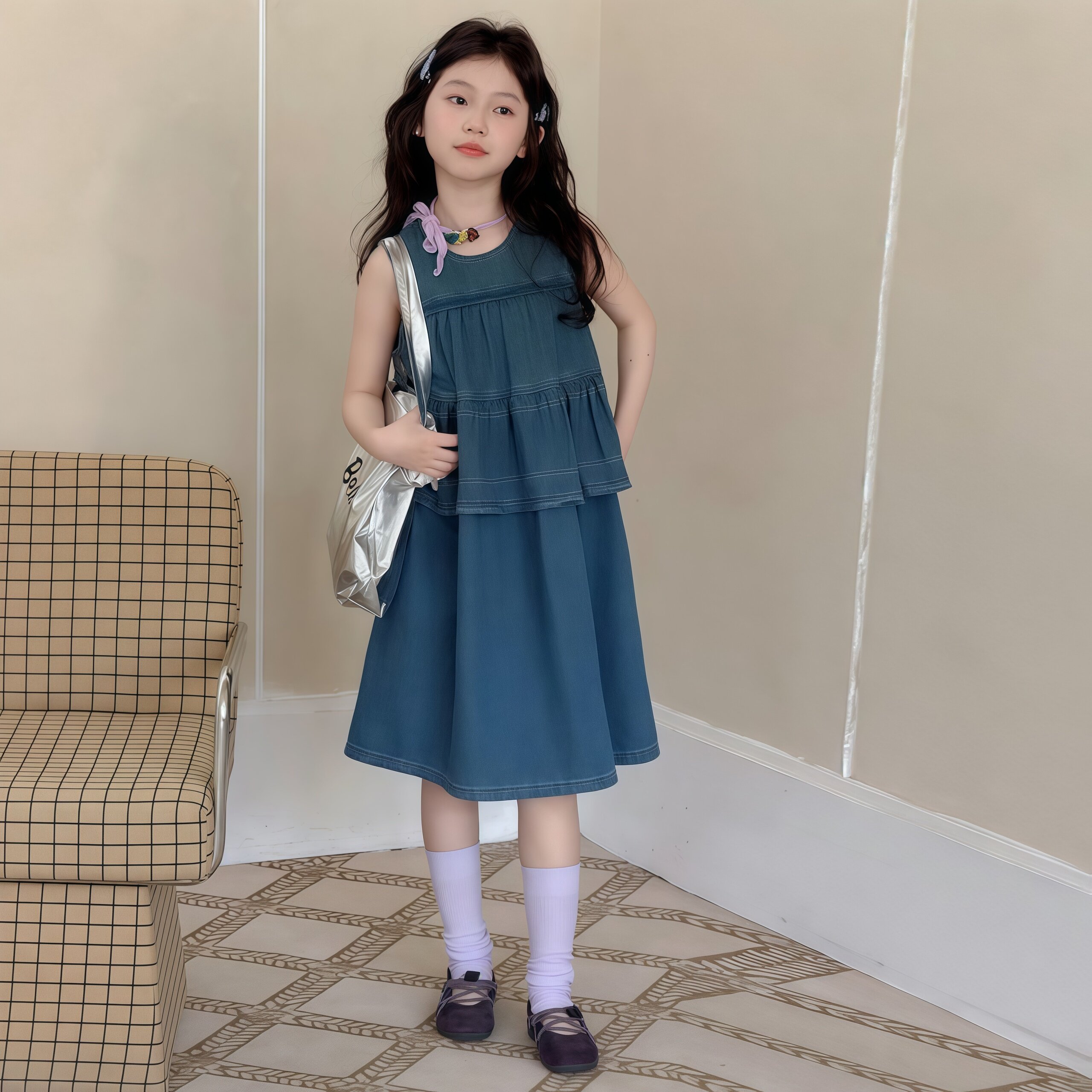 女大童连衣裙夏季2026新款儿童软牛仔背心裙女孩韩系蛋糕裙中长款