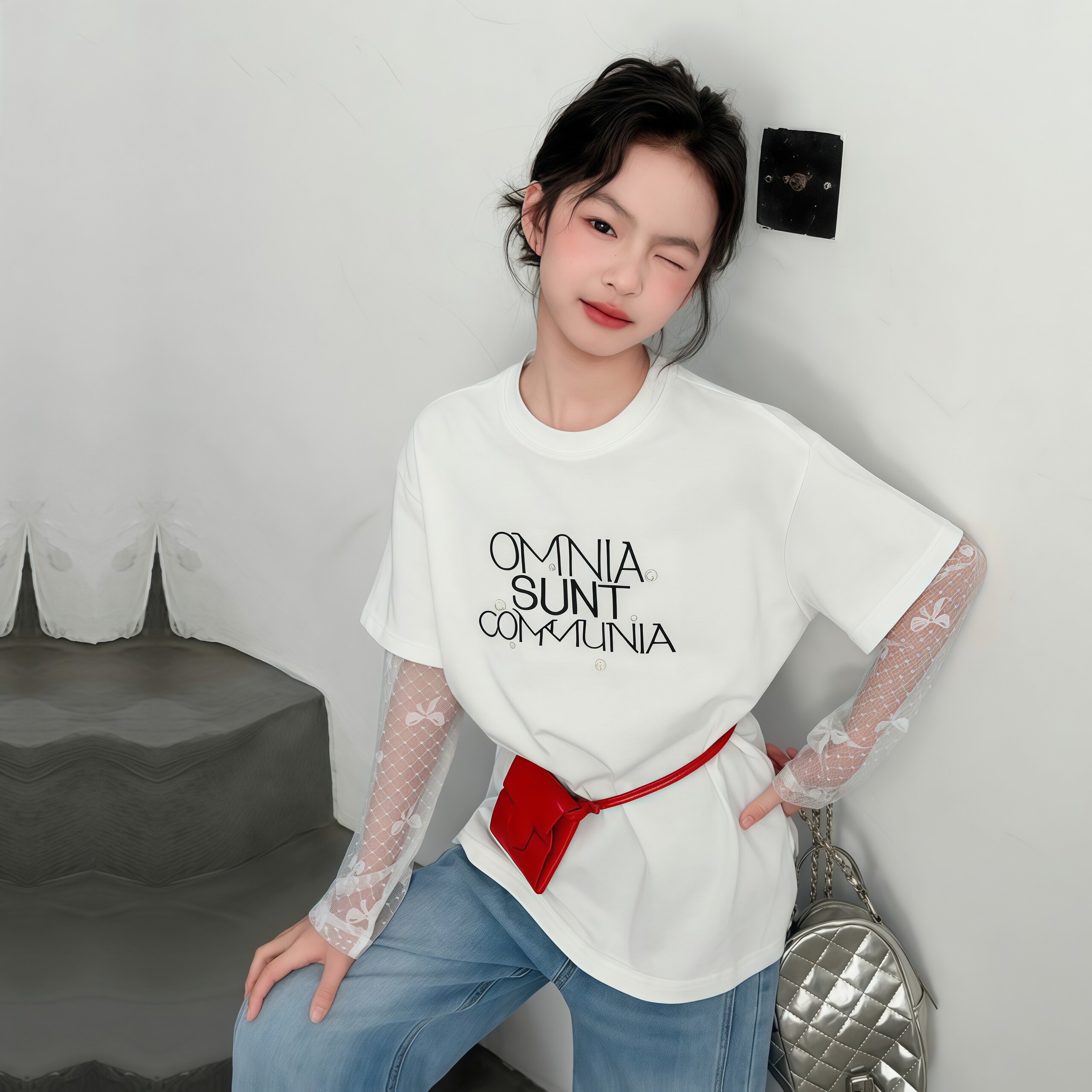 女童短袖T恤2026夏季新款中大童女孩假两件蕾丝防晒上衣宽松春夏